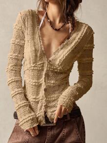 Bohemela Solid Color V-Neck Long Sleeve Fitted Regular Women's Top For Vacation - Khaki - View 2