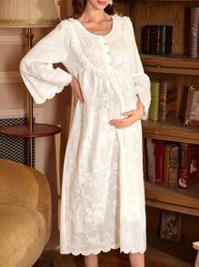 PalaceNights 孕妇宽松蕾丝拼接半开襟刺绣睡裙娃娃衫长袖奢华家居服，舒适优雅细节，秋冬款 - 白色 - 查看 3