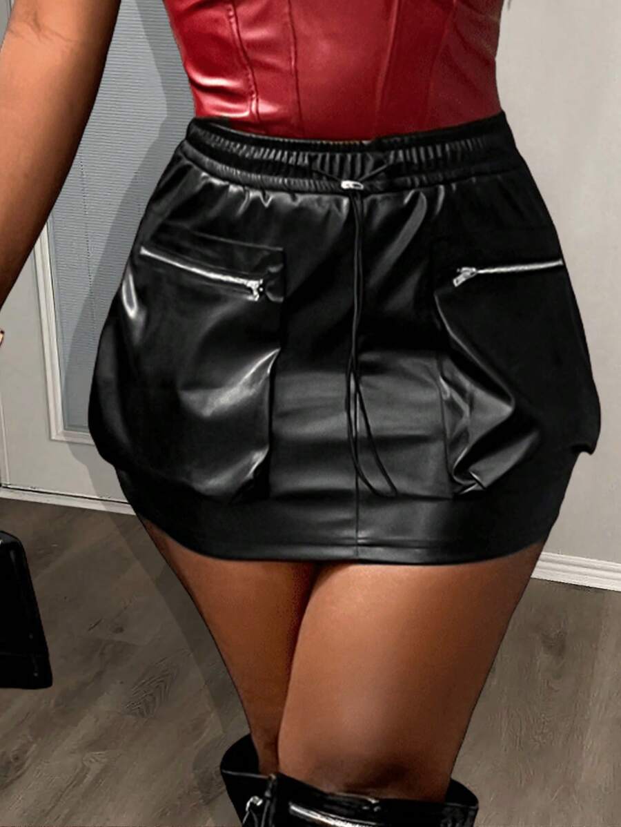 Slaydiva New Casual Street Motorcycle Style High-Waist Three-Dimensional Workwear Pocket Zipper Decoration Pig Nose Button Decoration Black PU Women's Skirt-T - Black - View 1