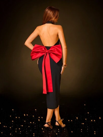 SHEIN SXY 女士休闲蝴蝶结装饰简约露背中长连衣裙