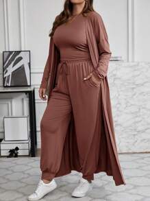 SHEIN LUNE Conjunto de 3 piezas de chaqueta larga, chaleco y pantalón de unicolor casual de talla grande, nuevo atuendo de invierno para mujeres de Año Nuevo, vestidos de invierno, ropa de invierno para mujeres, atuendos de rave, conjunto de Acción de Gracias para mujeres