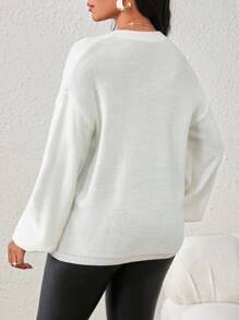 SHEIN Lady Jersey holgado de punto con cuello en V, manga farol y patrón floral de lentejuelas, para otoño/invierno para mujer - Beis - Ver 2
