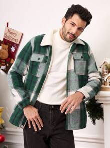 Manfinity Homme Veste d'homme à carreaux verts et moelleuse, vêtement d'extérieur décontracté chaud pour l'automne/l'hiver. Veste chaude, vacances, manches longues légères à carreaux colorés. Idéal pour les cadeaux aux amis, au mari, au petit ami, pour Noël - Vert - Voir 1