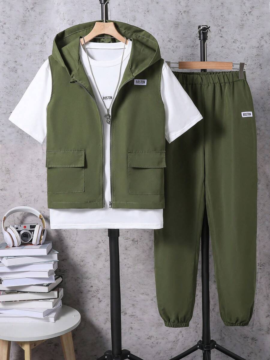 3 Pcs Teenage Boys Casual Set - Black Vest, White T-Shirt, Black Pants - Green - View 1