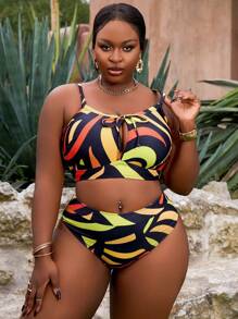SHEIN Slayr CURVE Plus Size 2 Pieces Bikini Set With Crescent Moon Shape Tie Tops And Matching Bottoms, Suitable For Hot Spring, Beach Resort Summer