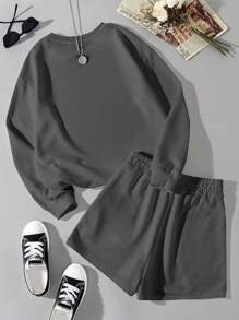 Slaydiva 休闲涂鸦邪恶熊图案圆领长袖宽松短款连帽衫和短裤 2 件套女士适合春秋季 - 灰色 - 查看 3