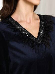 Al Najma V-Neck Embellished Feather & Ribbon Trim Dress - Royal Blue - View 7