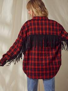 WESTFADE Western Plaid Fringe Long Sleeve Collared Boyfriend Button Up Shirt