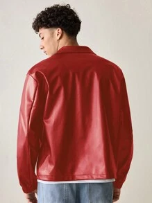SWAVVY 男士梭織時尚休閒青年 PU 皮革修身長袖夾克 - 酒紅色 - 查看 2