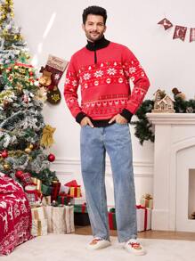 Manfinity Homme Áo len Giáng sinh cổ cao có khóa kéo một phần dành cho nam - màu xanh lá - Xem 6