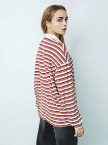 SHEIN Unity 1 Stück Damen Rot & Weiß gestreiftes Kontrast-Farbblock Loose Langarm T-Shirt, Vintage College Stil, Lässig für Herbst/Winter Grafik T-Shirts Damen Tops für Frühling - Verschiedenfarbig - Übersicht 2