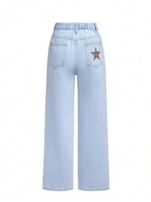 Sapstudio Artist Tween Girl Casual Cowgirl Star & Leopard Print Relaxed Fit Straight Leg Denim Jeans, Holiday, New Year, Thanksgiving - Blue - View 1