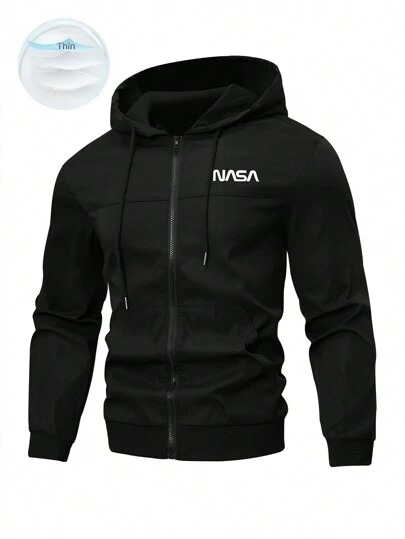 Manfinity Homme Men's Front Zipper Long Sleeve Letter Print Minimalist Hooded Outdoor Windbreaker Jacket, Spring And Autumn Jacket, Fall