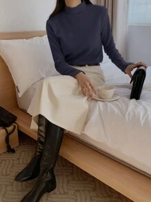 DAZY 女士纯色立领长袖简约T恤，休闲日常穿着立领女装 - 藏蓝色 - 查看 3