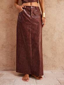 Opulessa Christmas Clothes Holiday Party New Years Woven PU Leather High Waisted Fitted Women's Skirt - Brown - View 5