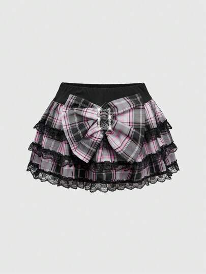 J-Fashion Jupe mini à carreaux avec volants, nœud surdimensionné, style sexy Himekaji Harajuku Gyaru Y2K pour femmes