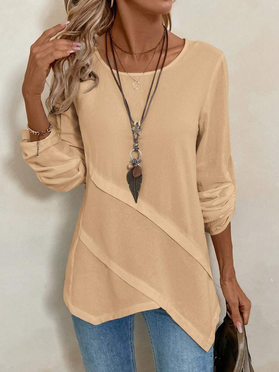 EMERY ROSE Women's White Blouse With Asymmetrical Hem Design, Round Neck - Khaki - View 1