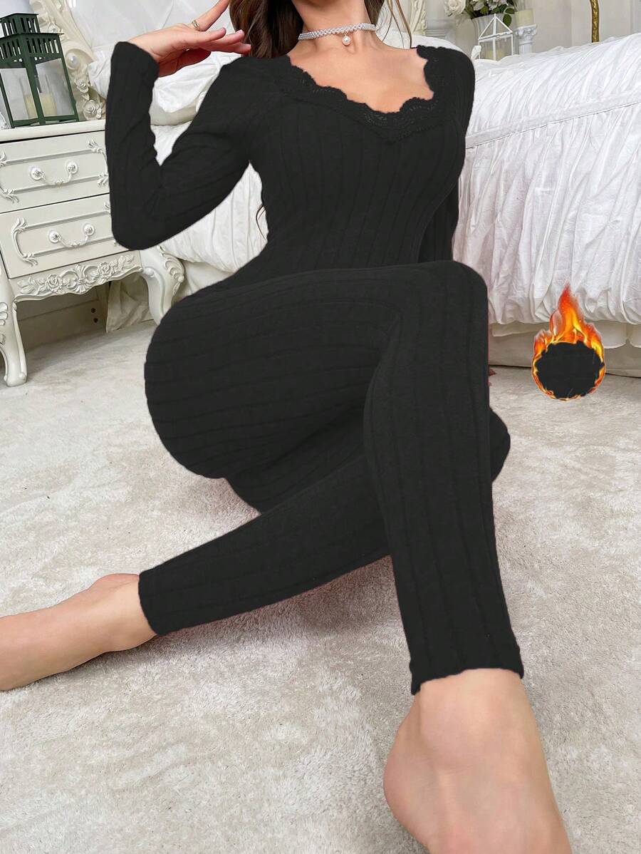 天鹅绒纹理罗纹V领拼接蕾丝女士保暖套装，秋冬 - 黑色 - 查看 1