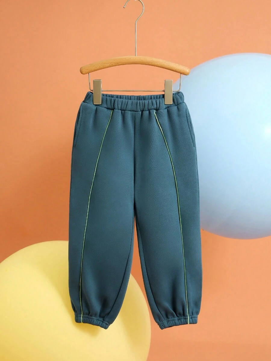 THE HAPPY LOOK Young Boys' Plain Casual Elastic Waist & Ankle Cuff Wide Leg Trousers, Versatile For Daily Wear, Autumn/Winter - Blue - View 1
