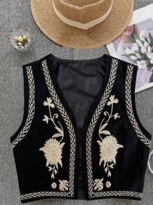 Breezaya Chaqueta sin mangas estilo vintage bordada para mujer