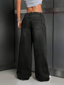 SHEIN ICON Pantalón de mezclilla casual sencillo con bolsillo y cierre con botones para mujer, ropa de ocio diaria - Negro - Ver 2