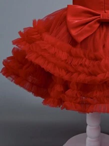 Baby Girl Sleeveless Thickened Satin Patchwork Multi-Layer Tulle Ruffle Tutu Skirt With Bow Decor On Front Waist & Ribbon Tie On Back - Red - View 7