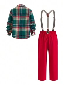 2 Stücke Anzugset für Kleine Jungen, elegant, urbane Mode, Weihnachten, roter Kragen, langärmeliges kariertes Hemd und schwarz-weiß gestreifte Hosenträgerhose, geeignet für Hochzeit, Party, Ausflug, tägliche Zusammenkunft, Herbst/Winter - Verschiedenfarbig - Übersicht 3