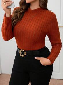 SHEIN Clasi Plus Size Plain Stand Collar Casual T-Shirt, Fashionable Everyday Wear