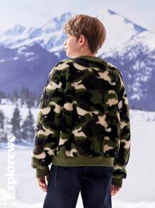 SHEIN Tween Boy Camouflage Print Patched Long Sleeve Fleece Jacket, Autumn/Winter