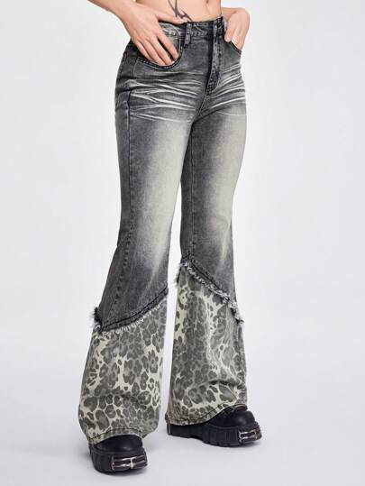 Grunge Punk Low-Waist Patchwork Leopard Muster Weitbein Loose Fit Jeans