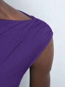 Maija Jesienna/zimowa nowa elegancka czarna sukienka midi z krótkim rękawem i dzianinową talią, odpowiednia na przyjęcia świąteczne i miejski styl życia - Fioletowy - Zobacz 8