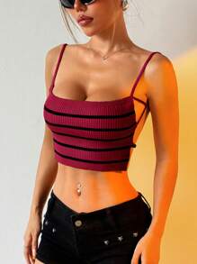 SHEIN EZwear Top court côtelé sans dos et sexy à rayures pour femme