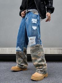 Manfinity EMRG Men's Camouflage Print Ripped Pocket Casual Versatile Denim Jeans