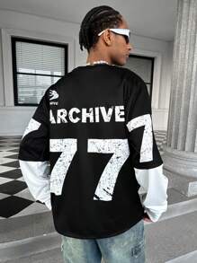 Manfinity Campus Court Aesthetic Post--Oversized Digital Print Men's Round Neck Long Sleeve Casual Sweatshirt With 2 In 1 Design Street Wear Crew Neck Letter Color Block Sweatshirt, For Friends, Husband, Boyfriend Gifts - Black - View 8