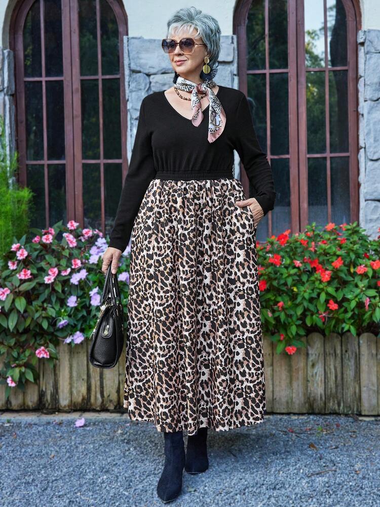 Plus Size Casual Leopard Patchwork Dress,Winter Clothes For Women