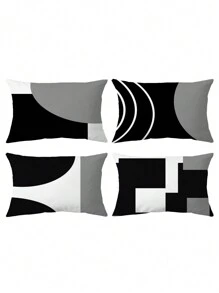 4pcs Black White Geometric Print Polyester Pillow Cover Cushion Cover Room Decoration Bedroom Decoration Sofa Decoration Pillow Core-Not Included,Fall Decor,Autumn Decor,Room Decor - Black and White - View 4