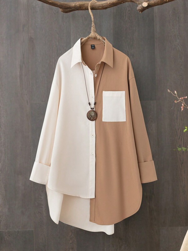 SHEIN LUNE Women Autumn Single Breasted Pocket Contrast Color High Low Hem Long Sleeve Cardigan Shirt