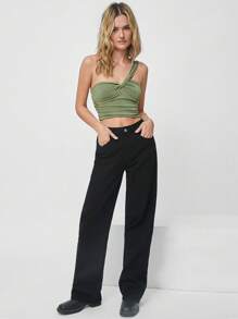 Easelle One Shoulder Ruched Crop Top - Army Green - View 4