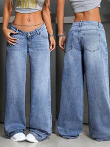 SHEIN ICON 女士前扣口袋简约牛仔裤，休闲日常穿着 - 中等水洗藍 - 查看 3