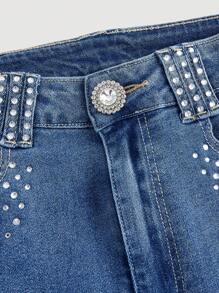 SHEIN MOD Women's Rhinestone Embellished Pocket Flare Leg Casual Versatile Jeans