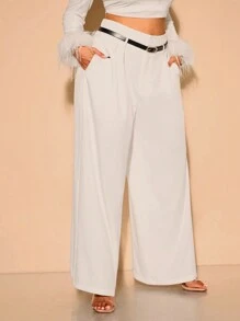 SHEIN BAE Plus Size Pants, Suitable For Valentine's Day, Summer, Birthdays, Valentine's Plus Size, Curve Pants, Formal, Curves, Parties, Bows, Bottoms, Wide Leg Pants, High Waist