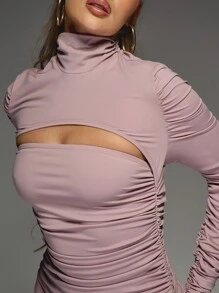 MISSGUIDED Cut-Out High Neck Long Sleeves Ruched Side Slit Slinky Maxi Dress - Purple - View 5