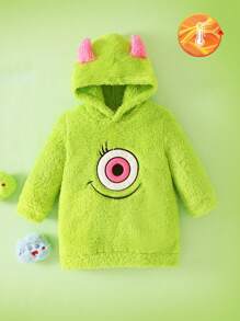 SHEIN Playful Pals Baby Girls Casual Green Embroidered Fleece Hooded Jumpsuit, Autumn/Winter - Green - View 3