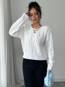 SHEIN Unity Women's Solid Color Dropped Shoulder Long Sleeve Lace-Up Cable Knit Pullover Sweater, Autumn/Winter Knit Pullover Fall - White - View 6