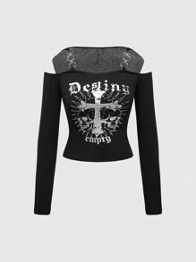 ROMWE Grunge Punk Y2K Sexy Skull & Cross Print Metallic Silver Graphic Cropped Off Shoulder Hooded T-Shirt - Black - View 8