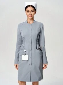Scrubzie Long Sleeve Elastic Waist Stand Collar Nurse Dress, Autumn/Winter
