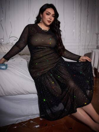 SHEIN Privé 大码长袖中国风新年派对礼服，优雅波尔卡圆点和亮片印花美人鱼连衣裙，适合情人节