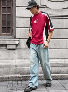 SWAVVY 男士针织休闲日常宽松拼布短袖T恤，时尚年轻，夏季 - 紅色 - 查看 3