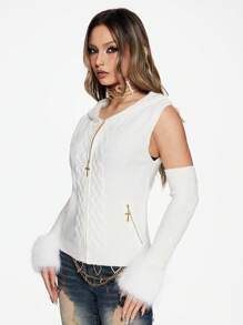 ROMWE Y2K Gyaru Vintage Fluffy Zip Up Hooded Cardigan For Women, Autumn/Winter