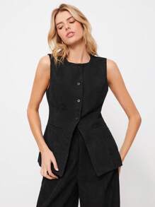 SHEIN EZwear Rompi Blazer Tanpa Lengan Korduroi Polos Sederhana untuk Wanita, Hitam - Hitam - View 5
